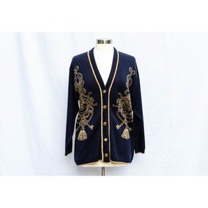 Vintage Italian Wool‎ Cardigan Womens L Dark Blue w Equestrian Accents CARIOLO